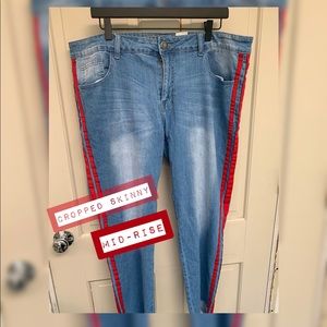 Distressed- Racing Stripe Mid-Rise Skinny Jean 16